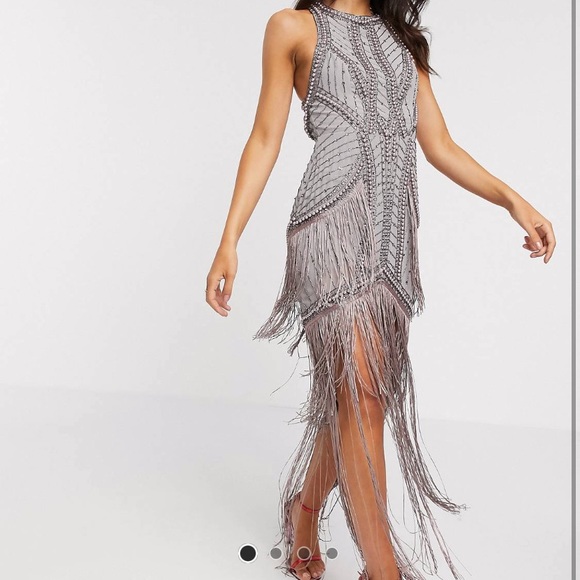 Embellished High Neck Maxi Dres with Fringe Hem - Picture 1 of 3